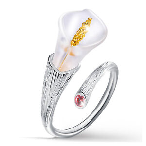 Handmade Crystal Stone 925 Silver Calla Lily Flower Resizable Ring for Women