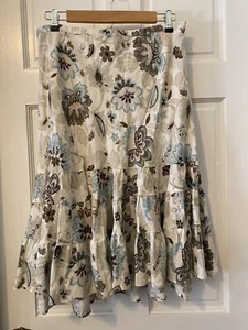 ANN TAYLOR Woman 100% Linen Paneled Pleated Flared Skirt Floral Pattern - Picture 1 of 5