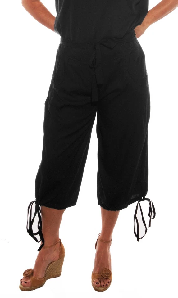 PANTALÓN CORBATA Capris de rayón plano negro sólido talla grande We Be Bop Lagenlook  Foto 1 de 1