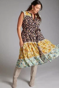 Anthropologie Ruffled Floral Midi Dress Black Motif New w/ Tags Sz Small NWT - Picture 1 of 13
