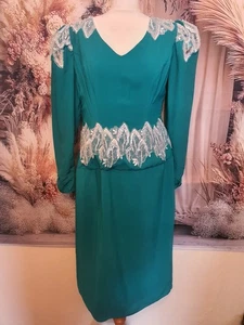 Vintage Teal Midi Dress with Lace Appliqué Puff Sleeves | 80s Cocktail Dress M - Picture 1 of 8