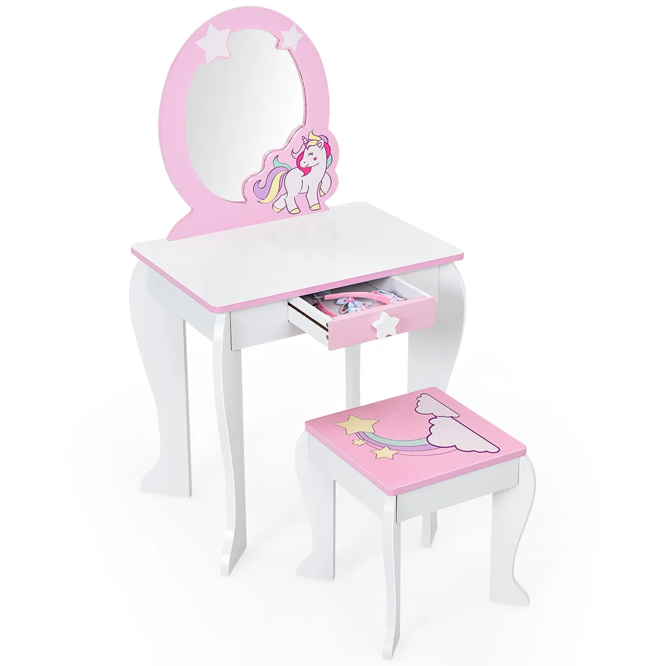Costzon Kids Wooden Vanity Makeup Dressing Table Chair Set W/ Mirror Drawer