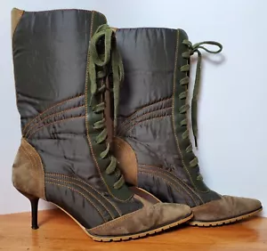 Colin Stuart Lace Up Granny Pointy Toe Boots Leather Fabric Womens 5 Olive Green - Picture 1 of 10