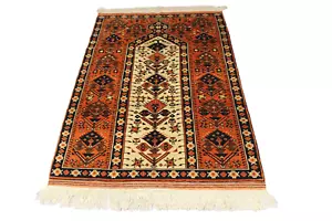 Tappeto Antico Geometrico Tribale Lana Crema Turco 3x5 Arancione Annodato a Mano - Foto 1 di 5