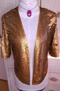 Matte Gold Sequin Shimmer Bolero Blazer Flounce Knit Evening Jacket Sz S - Picture 1 of 10