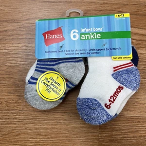Hanes 6 Pack Infant Boys Ankle Socks Size 6-12 Months Non-Skid NEW - Picture 1 of 8