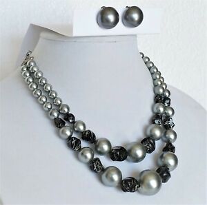 Vintage Necklace & Earring Set Black & Silver Beads Art Deco Clip-On Womens