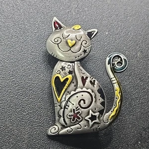 Katze Brosche Anstecknadel 2" Metall silberfarben gold rot blau Emaille Herz Stern Kritzeln Kunst - Bild 1 von 8