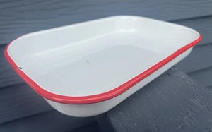Vintage Enamelware Baking Pan White Red 12” x 7 1/2” x 1 1/2” Brownies Nice Cond - Picture 1 of 6