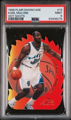 1996-97 Flair Showcase Hot Shots Karl Malone #13 inserto troquelado PSA 9 Jazz Foto 1 de 2