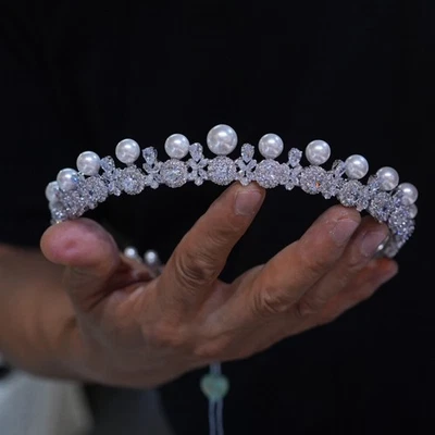 Princesa Lindas Perlas Cristal Novia Tiaras Coronas Boda Circón Tocado Foto 1 de 4