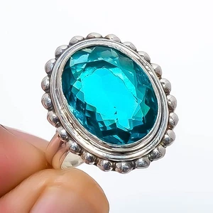 Teal Tourmaline Gemstone Silver Plated Bali Ring s.8.5 R1777-111, Christmas Gift - Picture 1 of 3