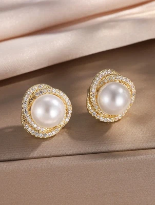 Gold Tone Pearl Stud Earrings Women Round Spiral Crystal Imitation Jewelry - Image 1 of 4