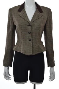 Kay Unger Blazer Talla 4 Green Brown Houndstooth Plaid Wool Basic Jacket Carrera - Imagen 1 de 5