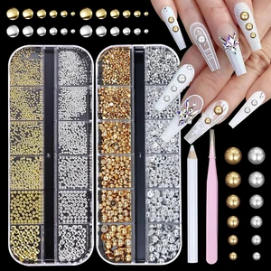 2 Boxes Nail Art Pearls Metal Nail Beads, Gold Silver ABS Flatback Pearl for Nai - Picture 1 of 12