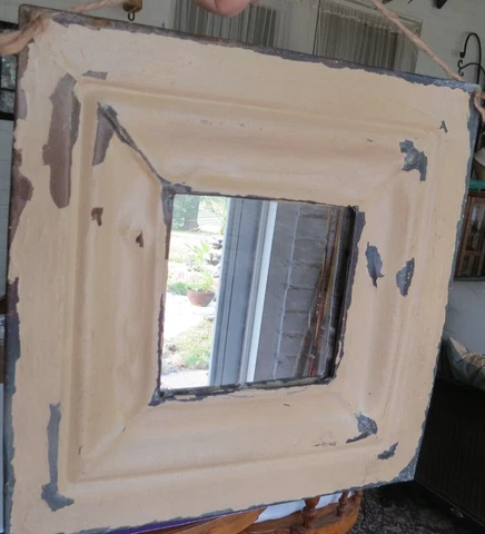 2 Vintage Ceiling Metal Tile Mirrors 9.75" square for wall. Beige Cover