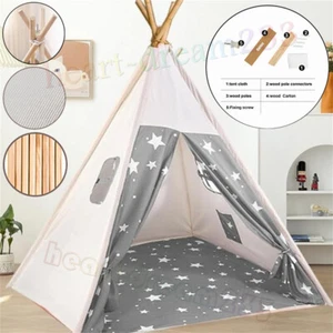 160CM Large Canvas Kids Teepee Star Wood Indian Tent Child Out/Indoor Play House - Picture 1 of 11