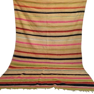 Vintage Handarbeit Marokkanischer Fransen Teppich Bunt Gestreift Ausgefranst Creme Carpet - Bild 1 von 24