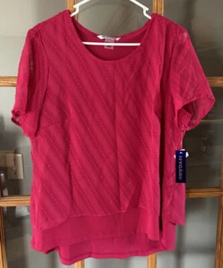 NWT Nygard Fuscia Sheer Layered Short Sleeve High-Low Crossover Back Top Size M - Picture 1 of 5