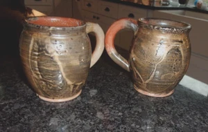 STUDIO ART POTTERY STONEWARE MUGS - EARTH TONE GLAZED - ARTIST SIGNED - Picture 1 of 7