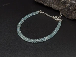 A+ Blue Aquamarine March Birthstone Gemstone Beads  Women Delicate Bracelet 6-8" - Picture 1 of 9