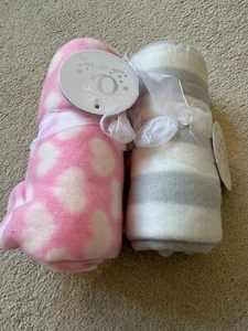 2x Pink Grey Soft Fleece Blanket Nursery Bedding Newborn Girl 75cm x 75cm Heart - Picture 1 of 2