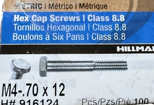 Hillman 916124 Metric Screws M4 .70 x 12 Hex Cap Screws 100 Pieces in Box - Picture 1 of 5