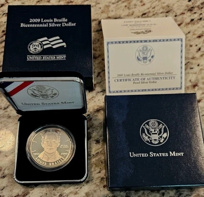 2009 S Proof Louis Braille Bicent. Silver Commemorative Dollar $1 US UNC OGP/COA - Image 1 of 3