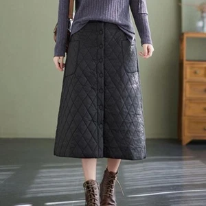 Lady A-line Midi Skirt High Waist Quilted Padded Button Pocket Loose Warm Casual - Picture 1 of 9