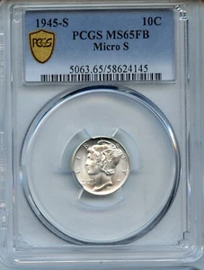 1945-S MERCURY DIME Micro S PCGS MS65FB - Picture 1 of 4