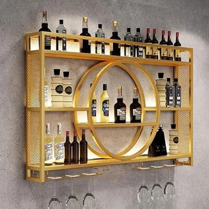 100/120/140cm Wall Mounted Wine Rack w/ Glass Holder w/LED Metal Wine Shelf Gold - Picture 1 of 14