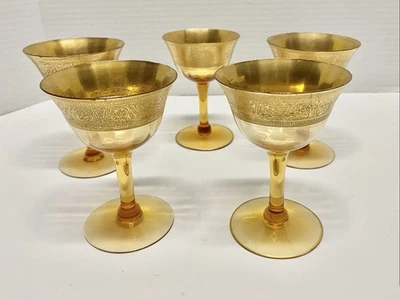 Vintage Tiffin-Franciscan Amber  22k Gold Rim Set Of 5 Cordial Glasses - image 1 of 4