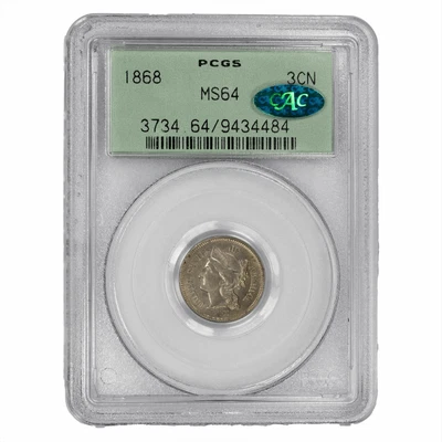 Tres centavos de níquel 1868 3CN PCGS MS 64 CAC Foto 1 de 2