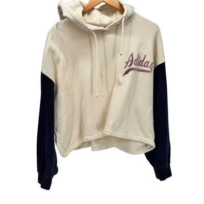 adidas Originals Hoodie Womens Large Cropped Pullover Cream Blue Logo Hit  - Image 1 of 4