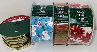 4 Lot Bundle Kirkland Wire Edged Ribbon Poinsettia Snowman 50 yard 2.5” Holiday - Image 1 of 4