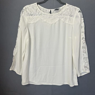 Blusa Talbots Feminina Pequena Branca de Renda Jugo Manga Longa Forrada Transparente Buraco de Fecho Traseiro - Imagem 1 de 4