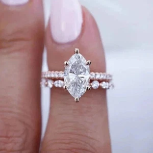 2CT White Simulated Diamond Marquise Cut Solitaire Ring Set 14k Rose Gold Finish - Picture 1 of 9