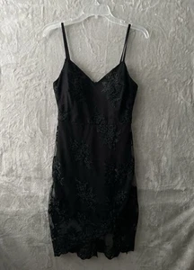 Guess Lace Dress Womens Size 4 Black Midi V-Neck Sheath Asymmetrical Hem Floral - Picture 1 of 17