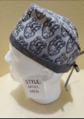 Anatomical Hearts (grey) Men's Skull/Chemo Surgical Scrub Hat/Cap Handmade - Image 1 of 4