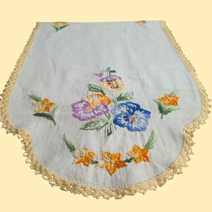 Vintage Hand-Embroidered Floral Table Runner Lace Trim Cotton Rectangle linens - Picture 1 of 11
