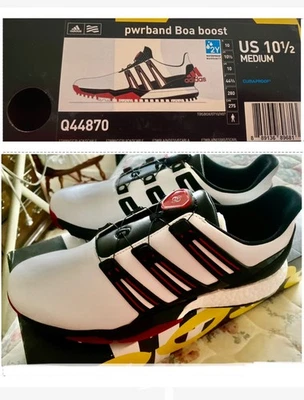 Adidas Golf PARA HOMBRES Powerband Boa Boost Blanco con Negro/Rojo Zapatos de Golf - Talla 10 1/2 NUEVO Foto 1 de 4