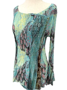 Alberto Makali Top Womens XL Blue Sheer Lace Crinkle Blouse Boho Peacock Stretch - Picture 1 of 17