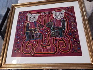 Vintage Kuna Mola Panama Framed Fabric Art "Sassy Cats" - Bild 1 von 4