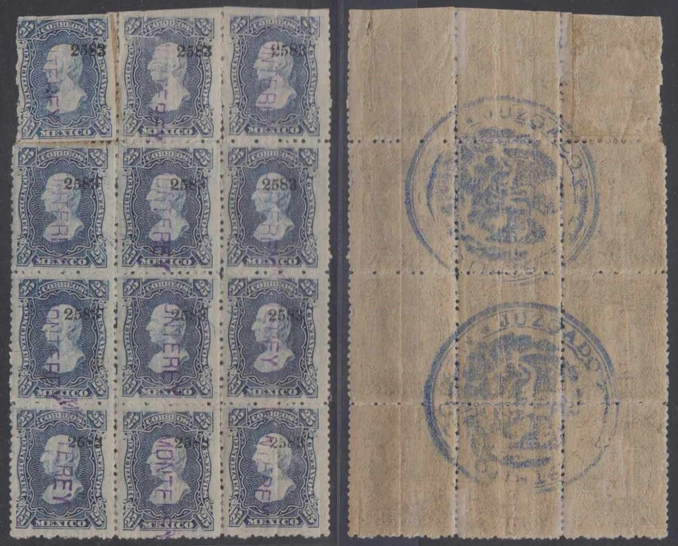 MÉXICO 1881 HIDALGO Sc 120 BLOQUEx12 "2583" y "MONTERREY" + CACHÉ VIOLETA MÉXICO Foto 1 de 1