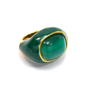 Green Enamel & Opal Stone Wedding Jewelry Ring Stainless Steel Gold Plated Ring - Picture 1 of 1