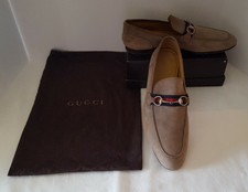 Gucci Men's Suede Beige Loafers Round Horsebit Blue/Red Web Size 11