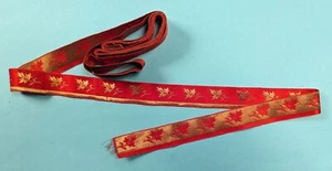ANTIQUE VICTORIAN 19TH C METALLIC GOLD LAME + RED SILK RIBBON W LEAF PATTERN - Picture 1 of 2