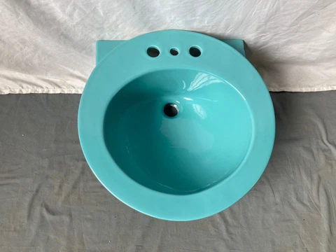 Vtg Ceramic Mid Century Turquoise 18" Round Drop In Bath Sink NOS Crane 230-23E Cover