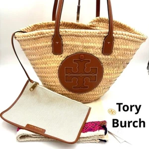 Tory Burch Borsa Cestino Borsa Tote Bag con Pochette Pelle Paglia Marrone Autentica - Foto 1 di 16