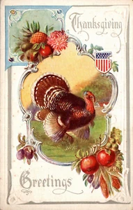 POSTCARD THANKSGIVING PATRIOTIC TURKEYS EMBOSSED - Picture 1 of 2